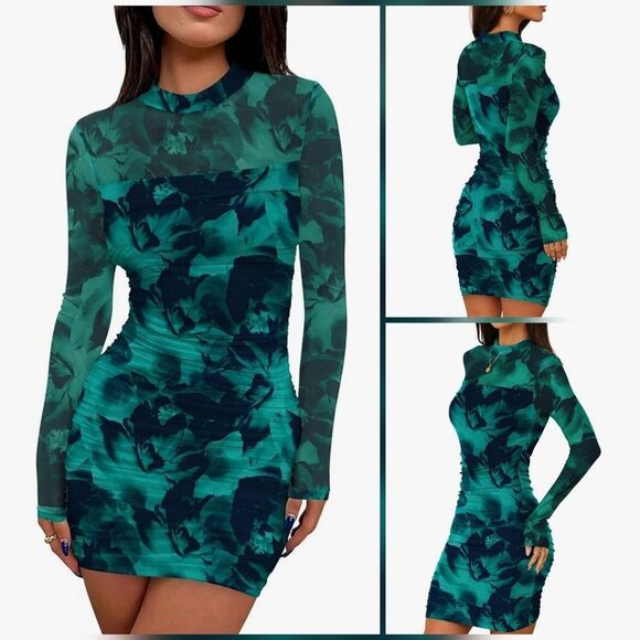 🔸️NWT Emerald Blue Floral Bodycon Mesh Long Sleeve Dress Small - Picture 2 of 16